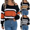 Women's Fashion Casual Loose Contrast Striped Metal Button Off-the-shoulder Sweater Long Sleeve Pullover Top