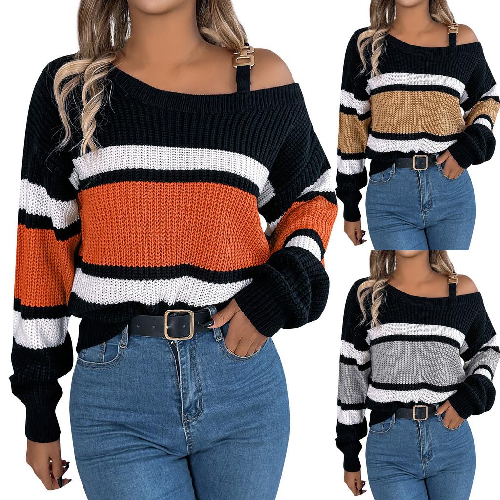 Women's Fashion Casual Loose Contrast Striped Metal Button Off-the-shoulder Sweater Long Sleeve Pullover Top