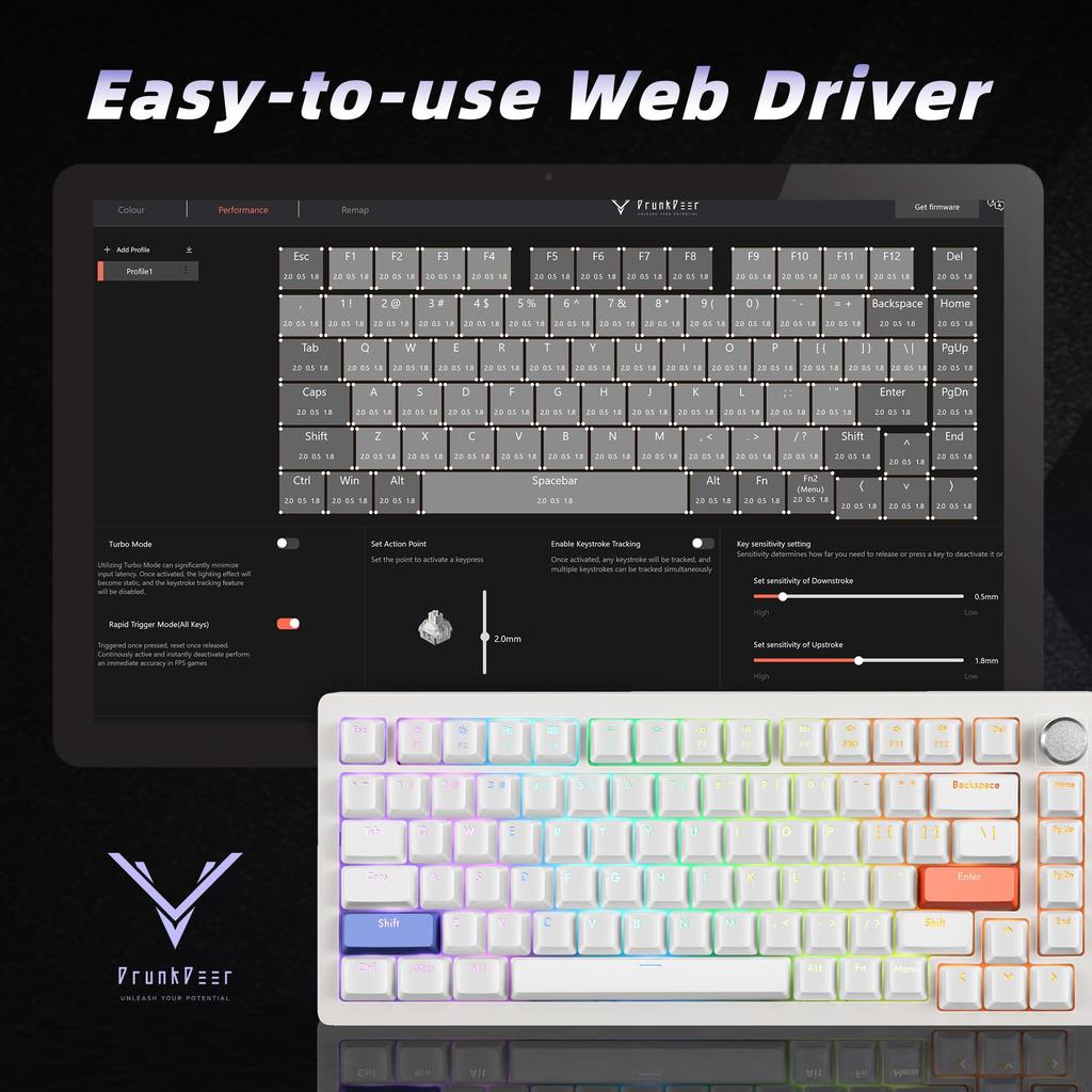 DrunkDeer A75 Rapid Trigger Keyboard Mechanical TKL Gaming Magnetic Switch RGB Wired USB Compact 82 Keys with Knobs White Anti-Ghosting Anti-Spill