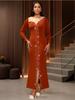 Elegant BrickRed Trumpet Dress Beading Patchwork Mesh Long Sleeve Sheer Slim Fit High Waist  Autumn Winter Party Dress