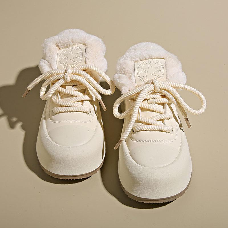 Флисовые утепленные кеды женские зима 2025 новые на толстой подошве маленькие белые туфли зимние пушистые женские туфли зимняя обувь сноубутсы хлопковые туфли