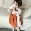 Girl Princess Dress 2023 Spring Autumn New Korean Kids Orange and Beige Retro Cotton Linen Embroidered Dresses Two Piece Set
