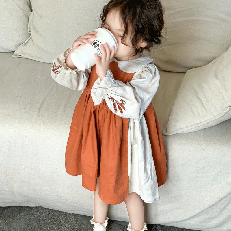 Girl Princess Dress 2023 Spring Autumn New Korean Kids Orange and Beige Retro Cotton Linen Embroidered Dresses Two Piece Set