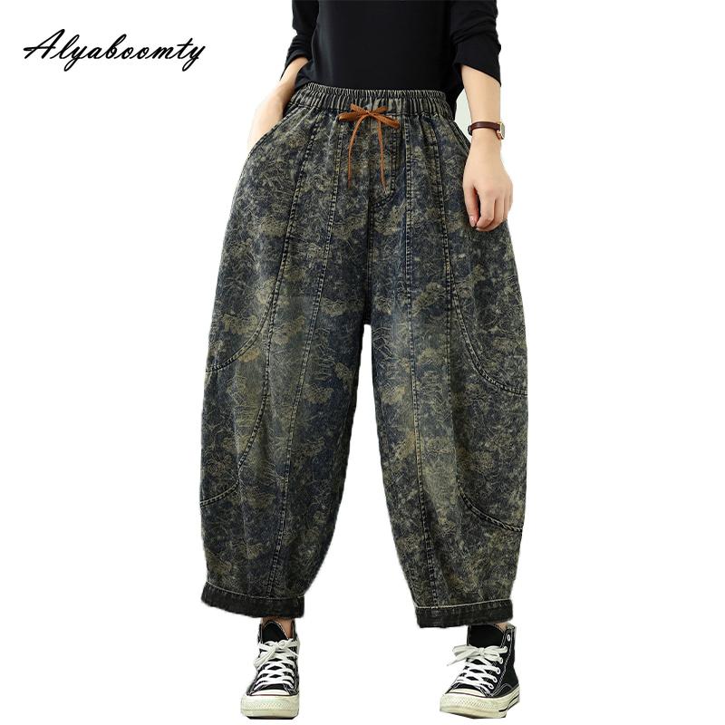 Vintage Style Plus Size Spring Autumn Women Baggy Jeans High Waist Drawstring Retro Floral Print Baggy Jeans Streetwear Stylish Harem Jeans
