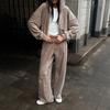 Women's 2 Piece Velour Tracksuit Set Full Zip-up Hooded Sweatshirts And Wide Leg