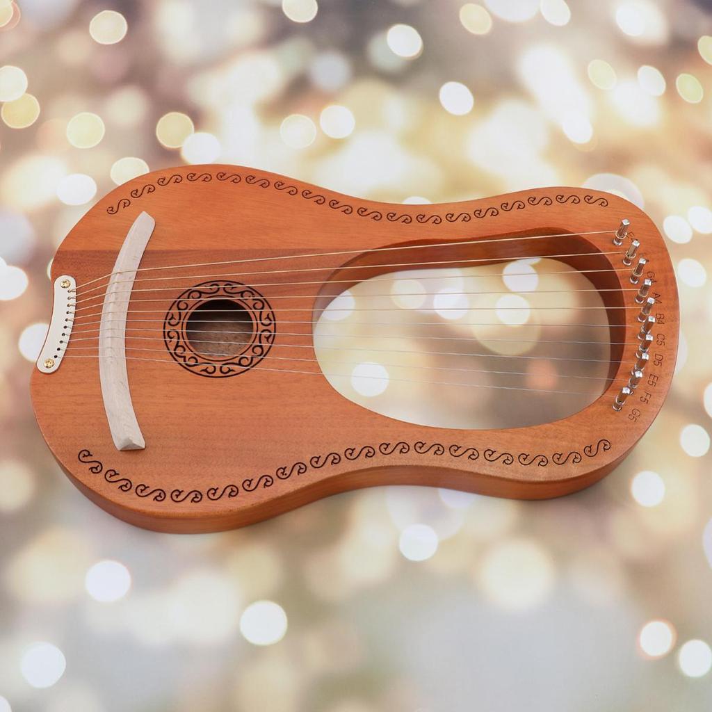 10 Strings Lyre Harp Solid Mahogany Wood Carving Reindeer with Tuning Hammer String Instrument