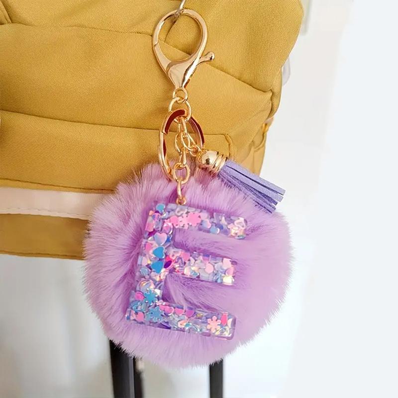 Adorable A-Z Letters Initial Keychain Sparkling Resin Alphabet Fluffy Hairball Pendant Backpack Decoration Accessories Gifts