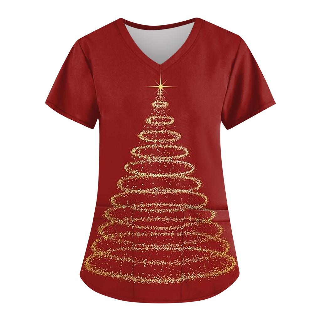 Women's Fashion Christmas Printed Short Sleeve V-Neck Top Small Pocket Work T-Shirt