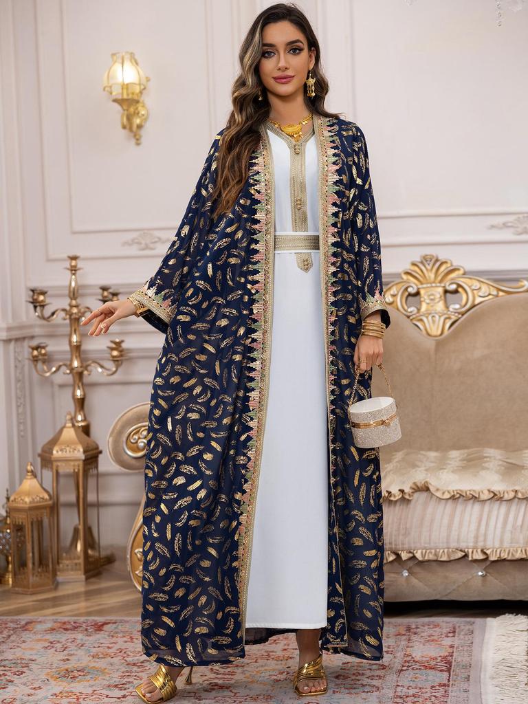 AB454 Women's Plus Size Dubai Chiffon Abaya Set - Three-Piece Middle Eastern Cardigan Long Dress with Hot Stamping