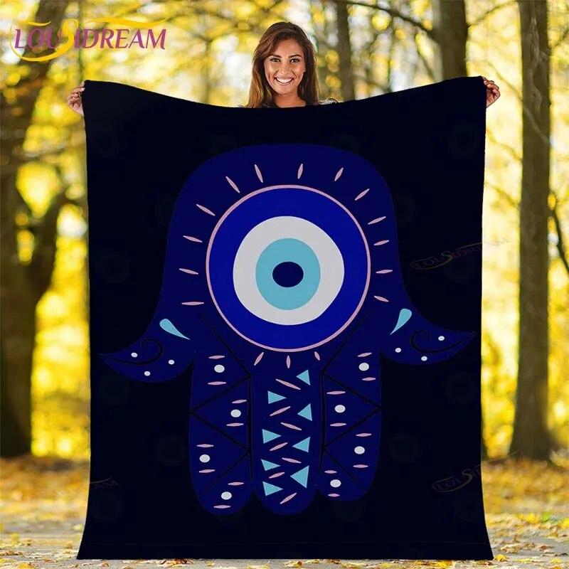 Evil Eye Blanket Turkish Nazar Spiritual Art Blanket Vintage Mid Century Flannel Blanket Sofa Chair Throw Blanket Travel Blanket