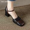 2024 New Spring Women Pumps Patent Leather Shoes for Women Square Toe Chunky Heel Shoes Simple High Heel Mary Janes Solid Shoes