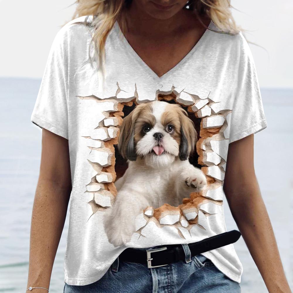 Playful Animals Printed Women's T Shirt Summer Casual Short Sleeve T-Shirts Kawaii 3d V-Neck Tops Tees Women's Oversize Pullover