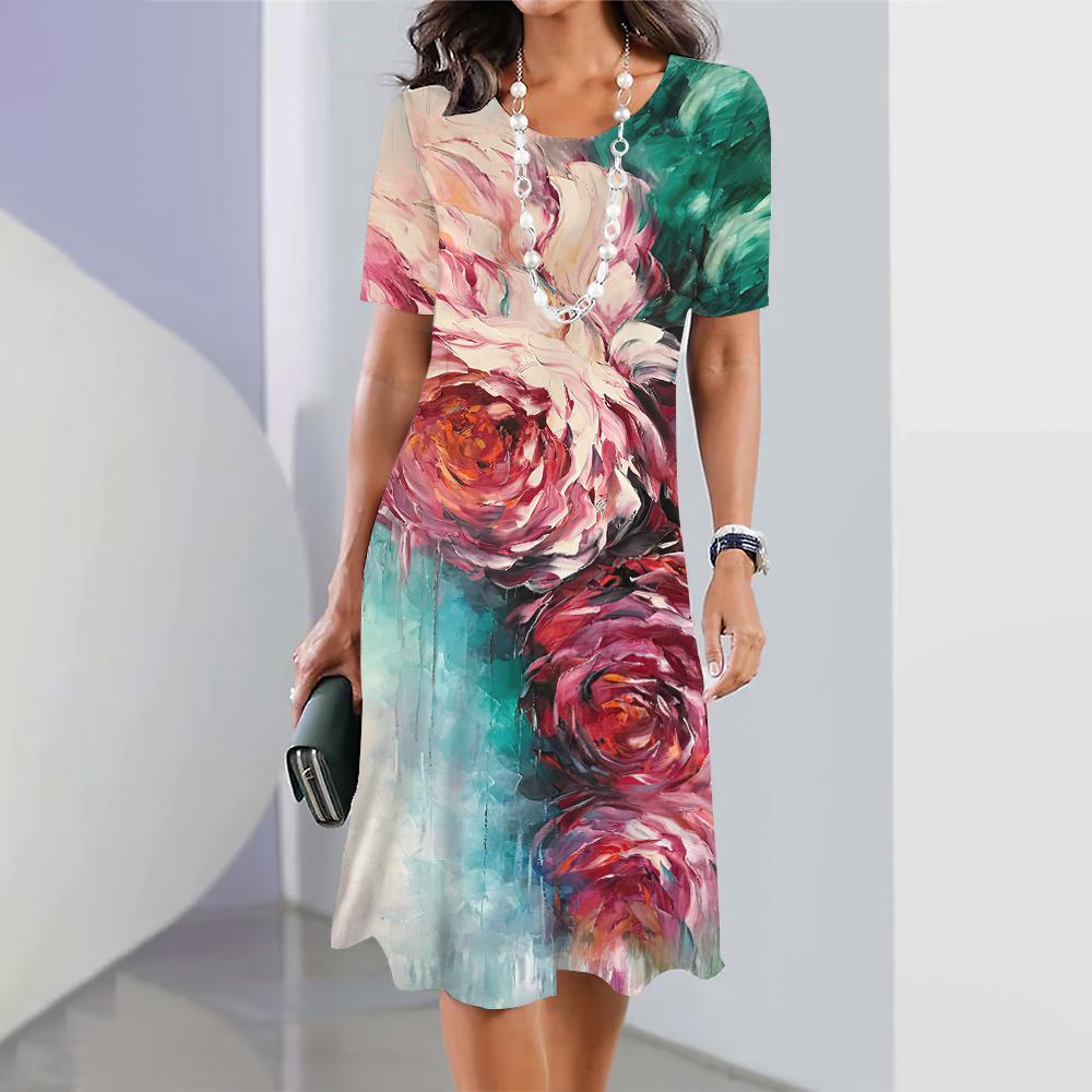2024 New Spring Women's Dresses Floral Printed Elegant Casual Short Sleeve Dresses Fashion Oversized Women's Dresses