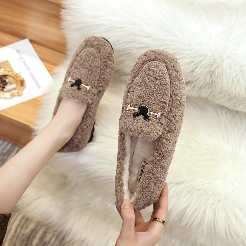 Fashion Women's Plush Cotton Shoes Winter Outdoor Warm Snow Boots Flat Bottomed Lefu Shoes Lambhair Metal Decoration Design Large 41-43