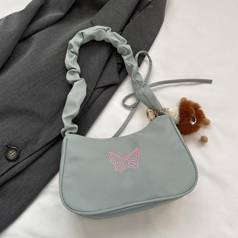 Cute Embroidered Bowknot Butterfly Shoulder Bag Women Pleated Handbag Half-moon Underarm Bag Fashion Oxford Nylon Bow Tote Bag