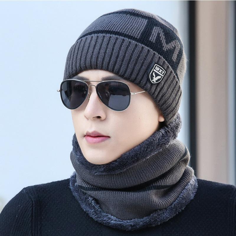 Cat Brother Trend M Letter Men's Hat Warm Thickened Knitted Hat Velvet Fashion Men's Hat Two-piece Set