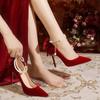 Red Xiuhe Wedding Shoes New Pointy Stiletto High Heels Female Shallow Mouth Bow Pearl One Word Buckle Strap Two Wear Bride Shoes