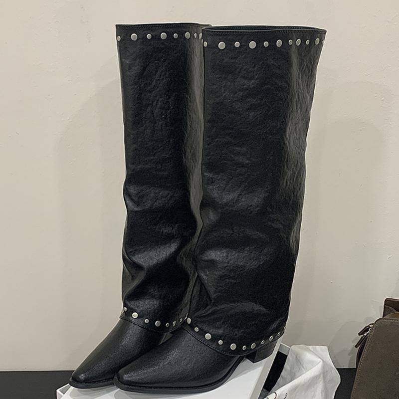 Eilyken Fashion Design Rivet Splicing Woman Knee-High Boots Autumn Winter Pointed Toe Square Heels Party Female Shoes