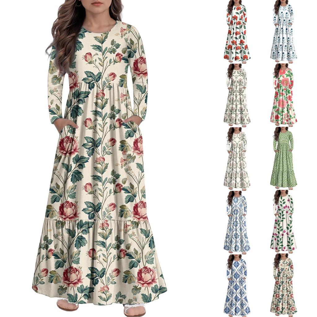 Girls' Maxi Dress Casual Holiday Dresses - Long Sleeve Dress With Pockets For 4-14Y