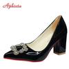 Aphixta Bling Crystals Diamonds Luxury Square Buckle 7cm Chunky Heels Pumps Women Shoes Rhinestone Shoes Plus Size35-53