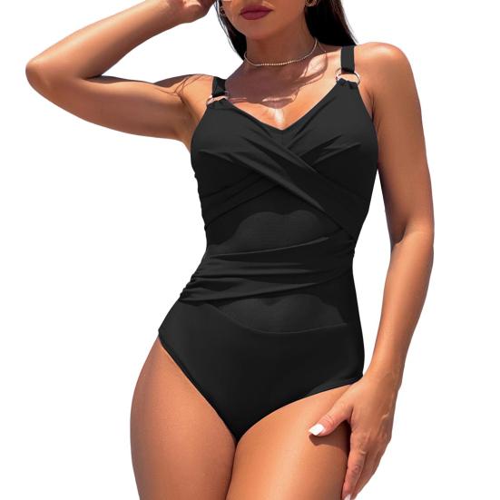 Women Monokini Deep V-Neck Sleeveless Slim Fit One-piece Bikini Solid Color Mesh Splicing