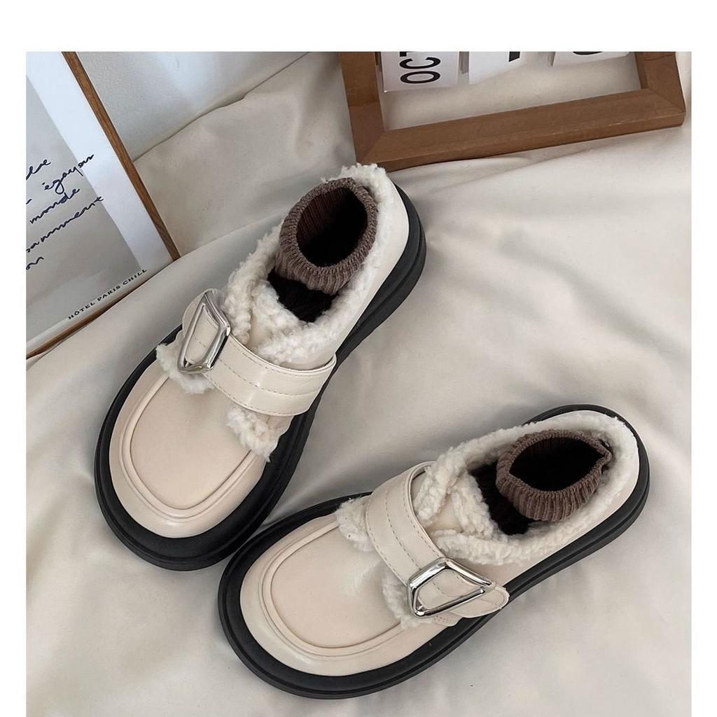 Platform Muffin Velvet Small Leather Shoes Women's 2025 New Autumn and Winter Warm Retro British Style Loafers Cotton Shoes Tide