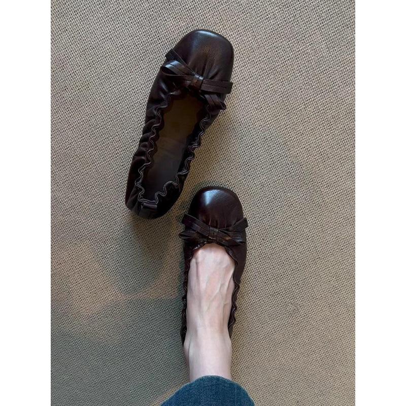Sheepskin Version~ Genuine Leather Retro Pleated Bow Flat-bottomed Ballet Shoes Commuting Versatile One-pedal Shallow-mouth Single Shoes