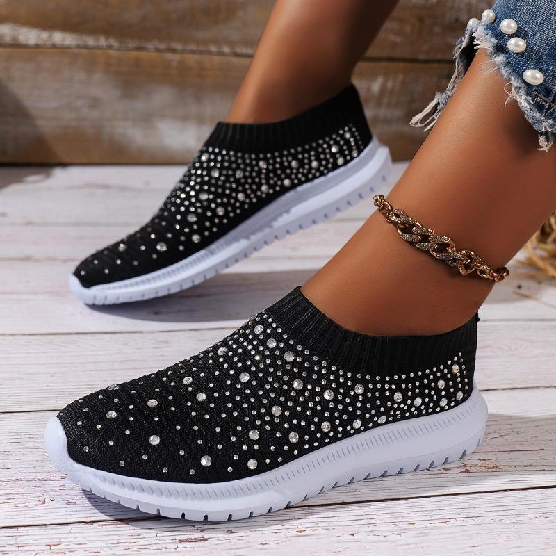Flower Prints Knitted Flats for Women Plus Size Shiny Crystal Breathable Mesh Loafers Woman 2024 Autumn Slip-On Walking Shoes