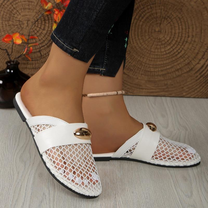 Mesh Breathable Baotou Semi-slippers Women's Spring and Summer New Round Head Metal Buckle Soft Bottom Flat Bottom Cool Mop