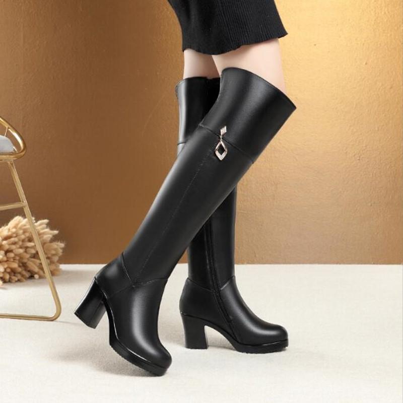 Women's Over The Knee Boots Natural Wool Genuine Leather Women Winter Boots Warm High-heel Women Motorcycle Boots