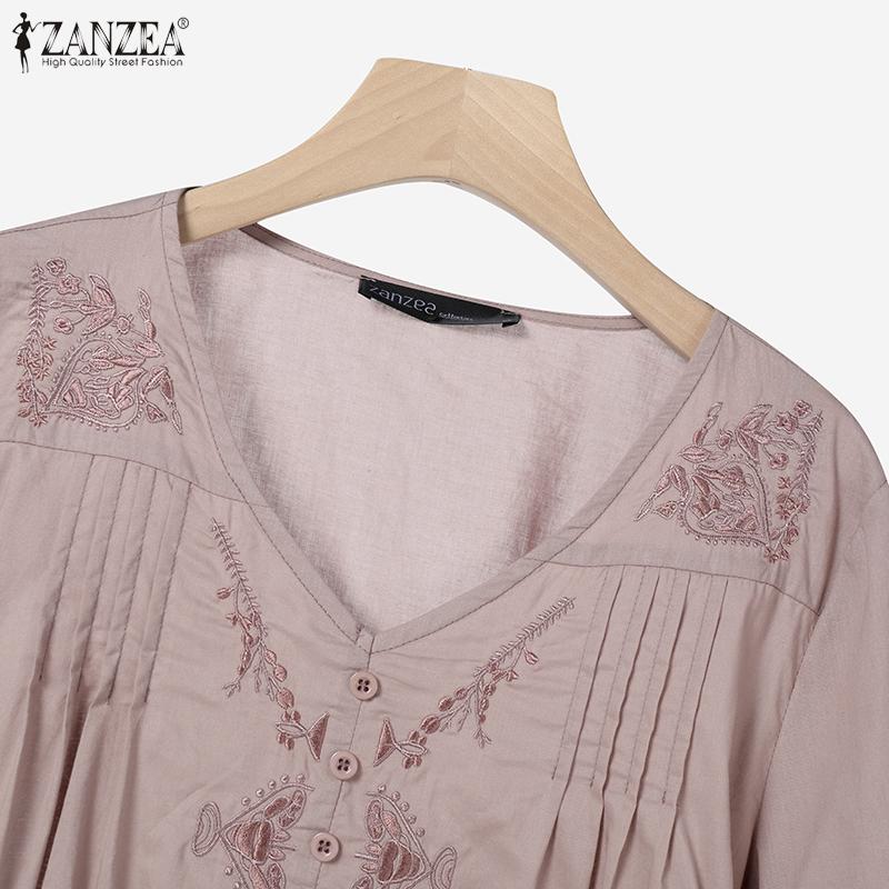 ZANZEA Women Casual V-Neck Half Sleeve Loose Embroidery Blouse