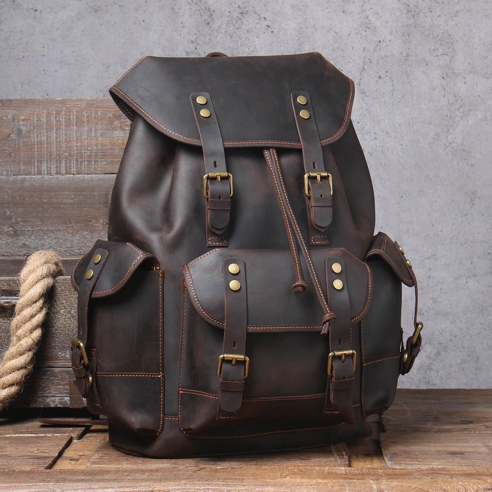 Retro Men's Large Capacity Genuine Leather Cowhide Backpack - Crazy Horse Travel & Motorcycle Bag