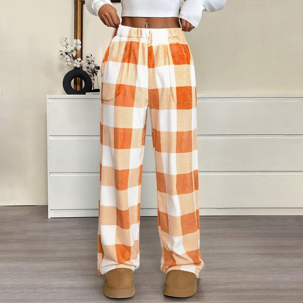 Women Pajama Pants Plush Sleep Pants Soft Elastic Waist Pajama Bottoms Plaid Pants With 2 Pockets