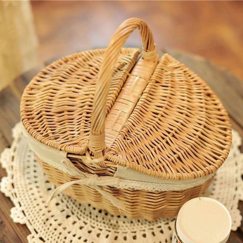 Handmade Large Wicker Basket Handle Picnic Bag Willow Woven Storage Hamper Double-Lid Camping Outdoor Fruit Holder Organizer
