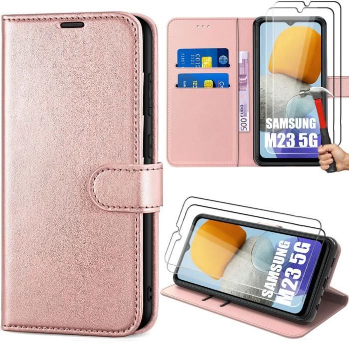 Coque pour Samsung Galaxy M23 5G + 2 Verres Trempés - Coque à Rabat Cuir PU Anti-Rayure - Rose