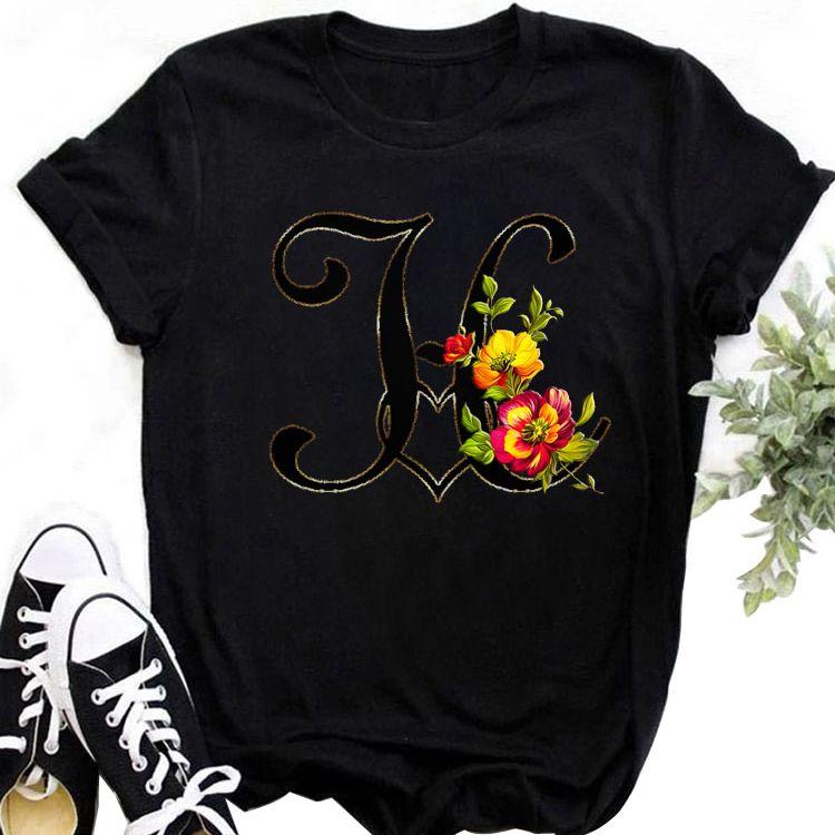 Custom Name Letter Combination Tops Fashion Women T-Shirt Rose Flower Heart Letter Font A B C D Short Sleeve Tees Black T-Shirt