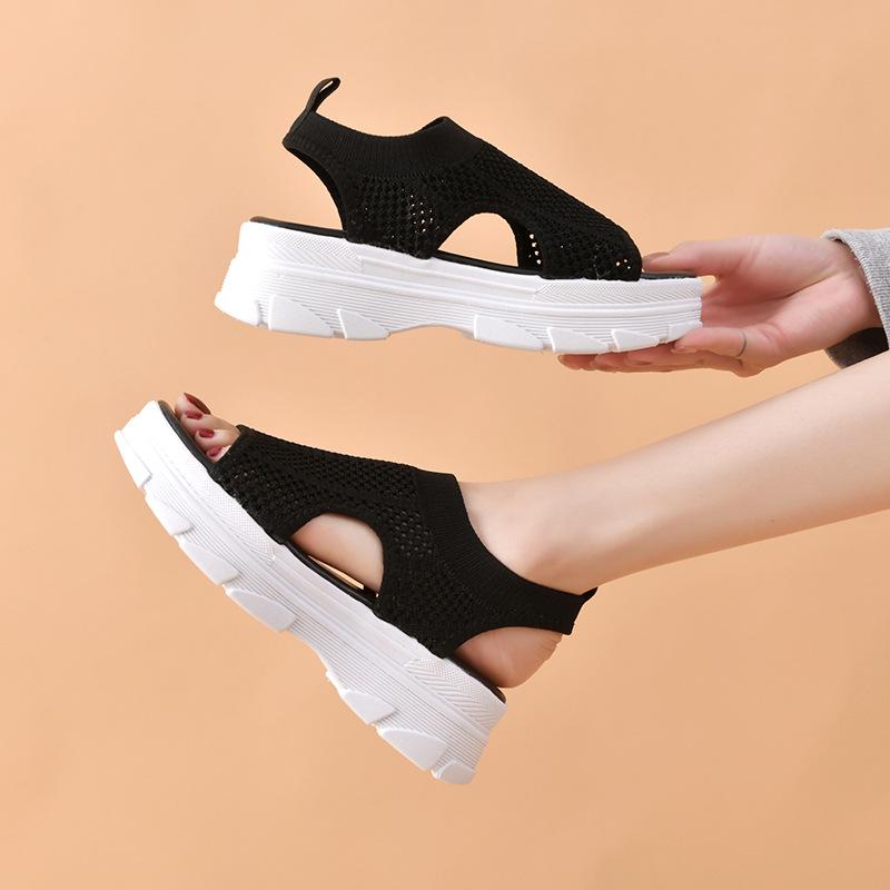 2025 Summer New Sports Sandals Women's Korean Version Breathable Thick-soled Sandals Hollow Elastic Mesh Fly-woven Socks Shoes