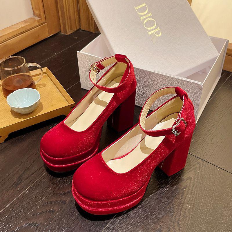 Fashion Platform Women Mary Jane Shoes Fashion Elegant Cross Strap Thick Heeled Shoes Spring Ladies College Style Suede Dress Pumps