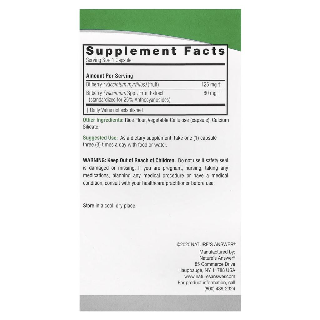 Nature's Answer Bilberry, Standardized Herbal Extract, 205 Mg, 90 Veggie Capsules