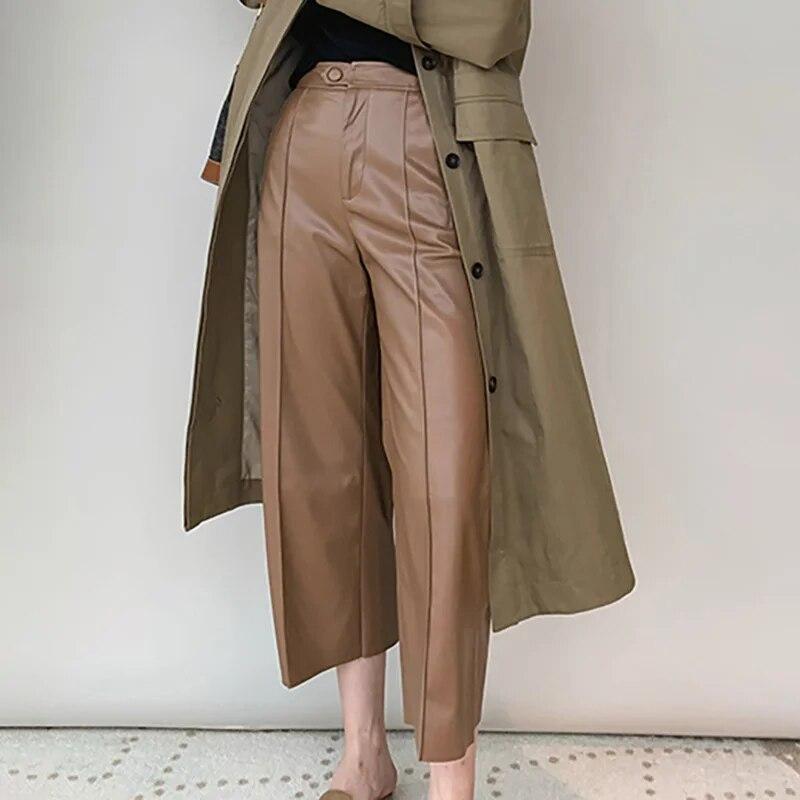 Брюки из натуральной овчины, брюки длиной до икры, женские свободные длинные брюки из натуральной кожи TF5302