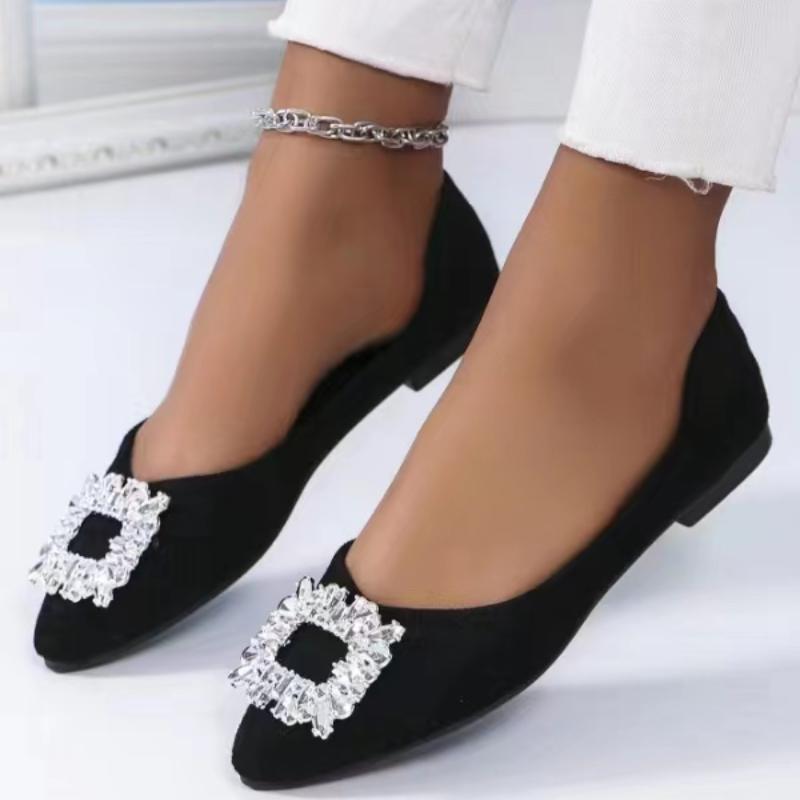 2024 New Banquet Temperament Rhinestone French Flat Shoes Women's Summer Black Pointed Shallow Grandma Shoes Boat Shoes