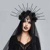 Gothic Queen Bride Costume Headband with Mesh and Rhinestone Lace Flower Crown for Halloween Cosplay Party Festivals