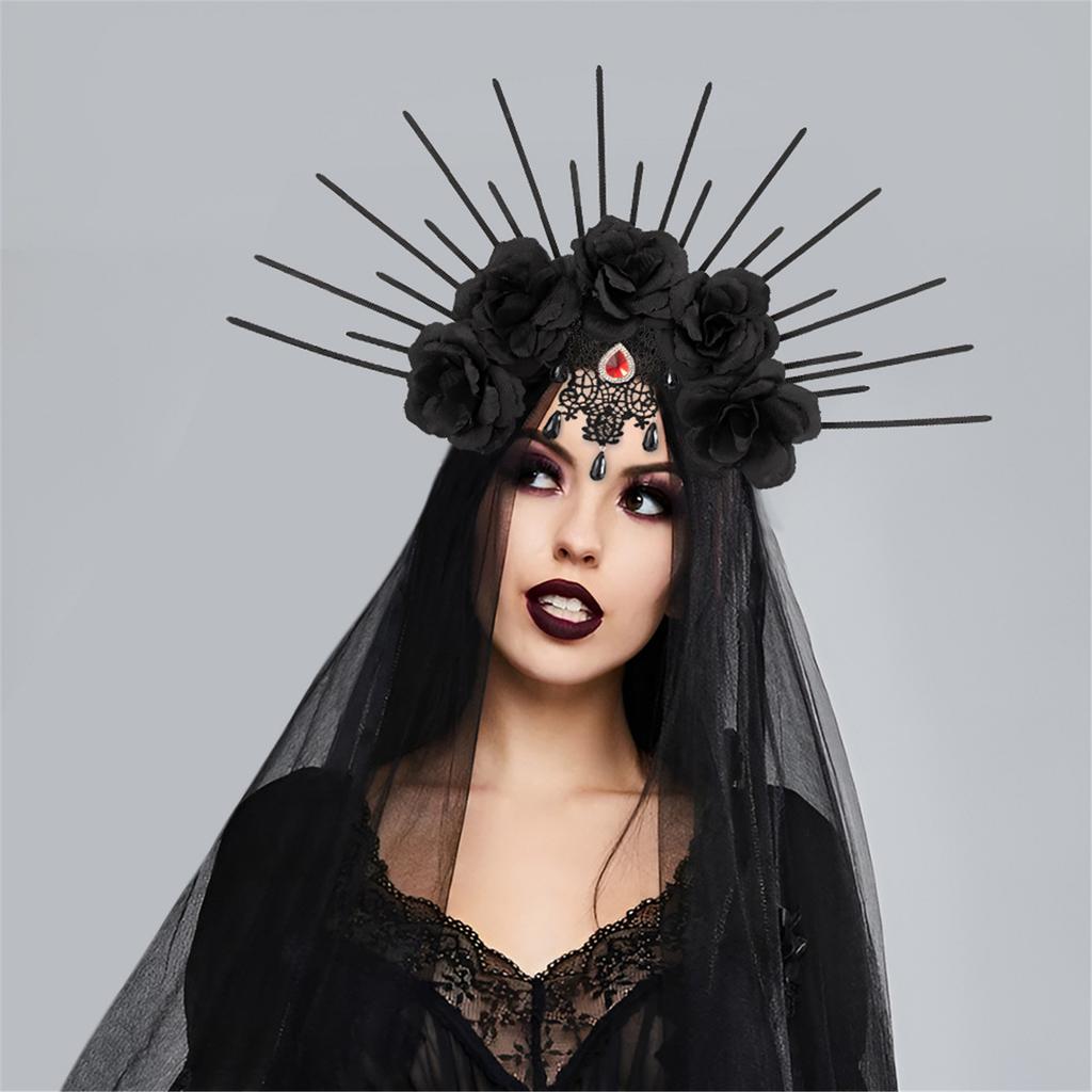 Gothic Queen Bride Costume Headband with Mesh and Rhinestone Lace Flower Crown for Halloween Cosplay Party Festivals