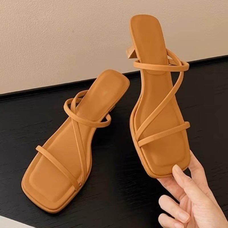 Summer New Women's High Heel Slippers Fashion Square Toe Grace Narrow Band Solid Casual Daily Slippers Zapatos De Mujer