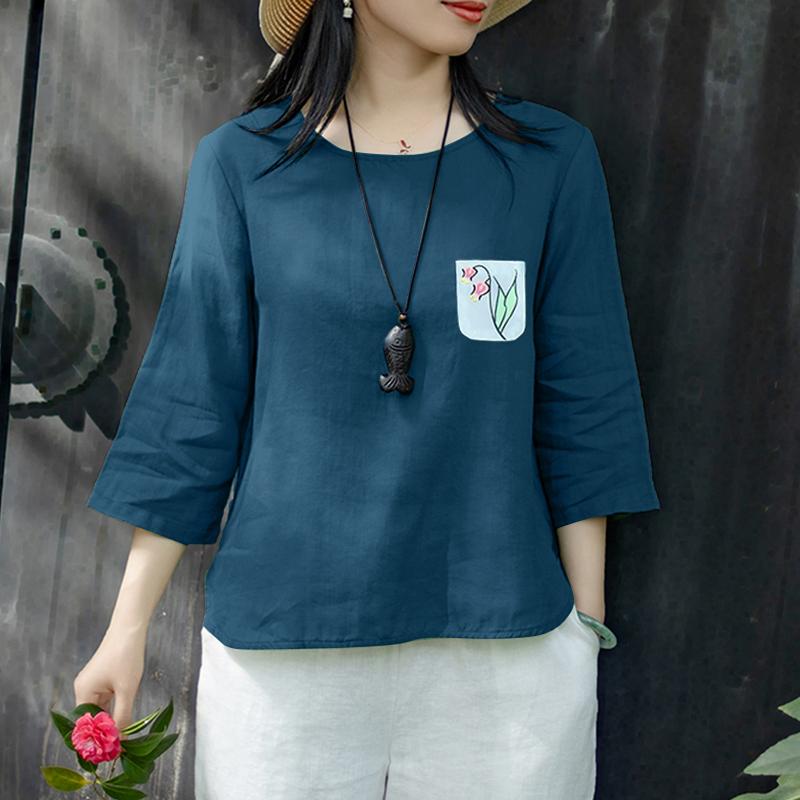 ZANZEA Women Casual Round Neck Loose 3/4 Sleeve Cotton Blouse