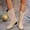 Women's Retro Cowboy Boots Anti-Slip Mid Calf Cowgirl Boots Embroidered Western Pointed Toe Chunky Block Heel Wide Calf Pull On Boots for Women