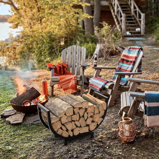 Indoor Outdoor Firewood Rack Heavy Duty Rustproof Metal Curved Log Holder Fireplace Patio Deck Firepit Firewood Storage Organizer Rack