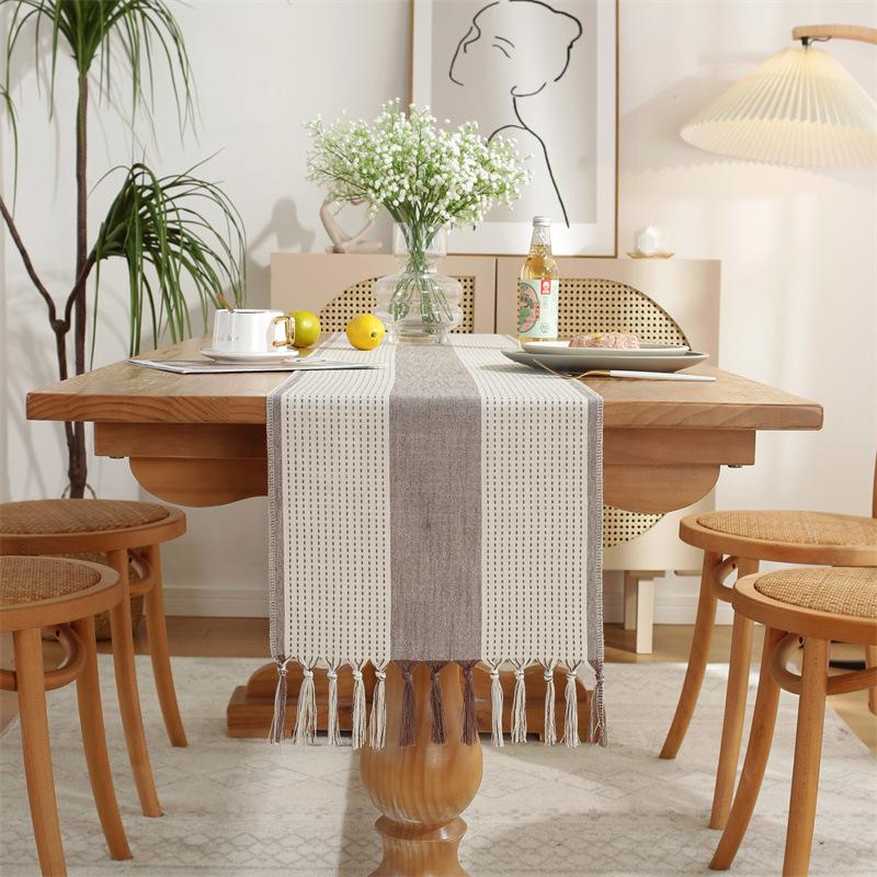 Hand Woven Solid Color Lace Table Runner with Fringe for Farmhouse Christmas Dining Table Decor