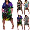 Women's Summer Plus Size V-Neck Short Sleeve Knee Pocket Printed Casual Dress