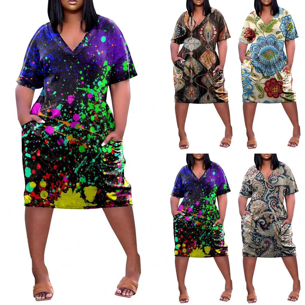 Women's Summer Plus Size V-Neck Short Sleeve Knee Pocket Printed Casual Dress